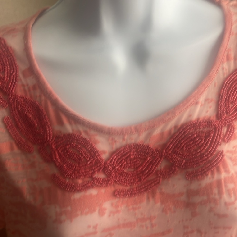 Orange print blouse with tiny orange  beeds across neckline - Picture 2 of 4